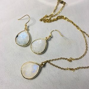Cute Blue Flash Moonstone Teardrop Earrings + Necklace Set, gold stainless steel